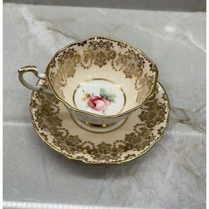PARAGON Tea Cup Saucer Set Center Cabbage Pink Rose Gold Gilt Vtg Double Warrant